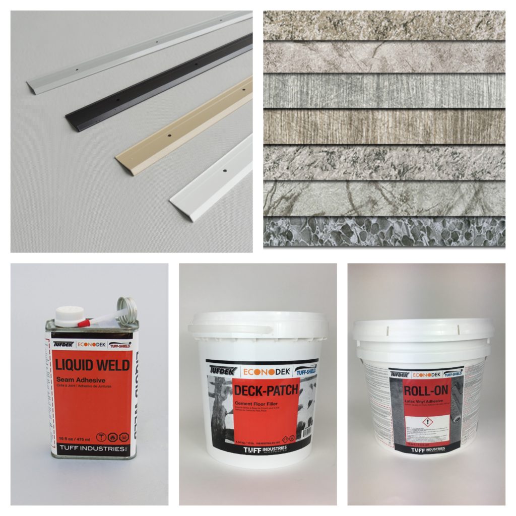 Images showing DIY deck kit - PVC vinyl, flashing, liquid weld, deck patch & roll-on adhesive