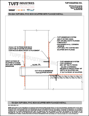 TD-22A TUFF-SEAL PVC BOX SCUPPER WITH FLANGE INSTALL Tuff Industries TD-22A PVC Box Supper with Flange Install directions.